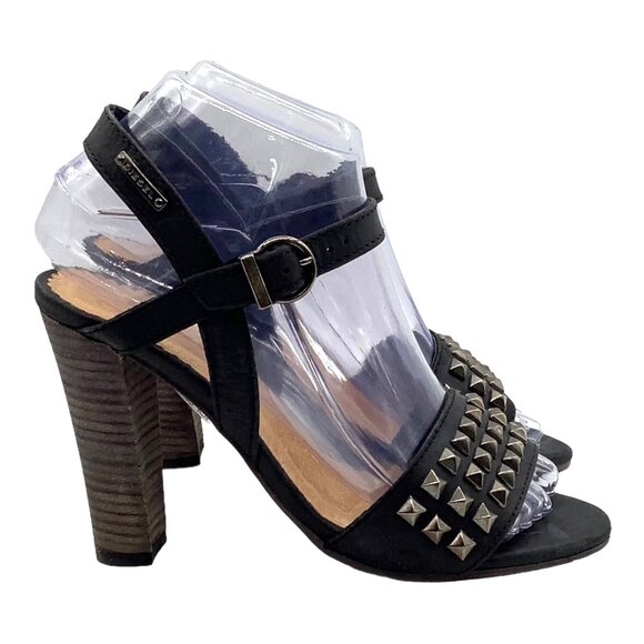 DIESEL 36 Cuir Desir Soleil Studded Sandal Block Heel Black Leather Ankle Strap - Picture 3 of 11